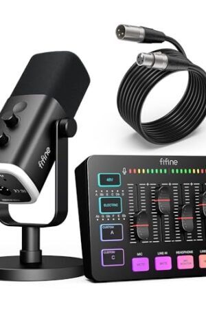 FIFINE Gaming Equipment Bundle, Dynamic XLR/USB Gaming Microphone Set with Streaming Audio Mixer for Podcast Recording Video Vocal, RGB Gamer Set with Volume Fader/XLR Interface for PC-AmpliGame KS5